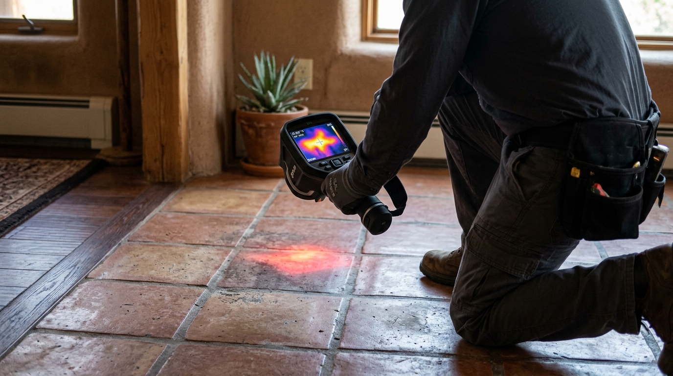 Thermal imaging technician scanning hot water line leak under slab flooring in Queen Creek home